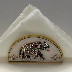 Hand-Painted Marble Elephant Napkin Holder India Rhinestone Decor